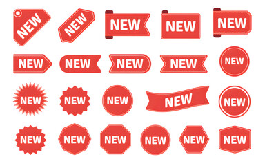 New Label collection set. Sale tags. Discount red ribbons, banners and icons. Shopping Tags. Sale icons. Red isolated on transparent white background