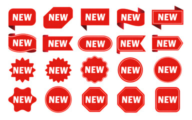 New Label collection set. Sale tags. Discount red ribbons, banners and icons. Shopping Tags. Sale icons. Red isolated on transparent white background