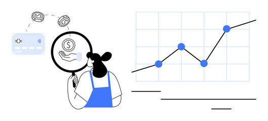 Woman examining coins, credit card, and hand with dollar symbol through magnifying glass. Graph with rising trend points highlights financial progress. Ideal for finance, analysis, business strategy