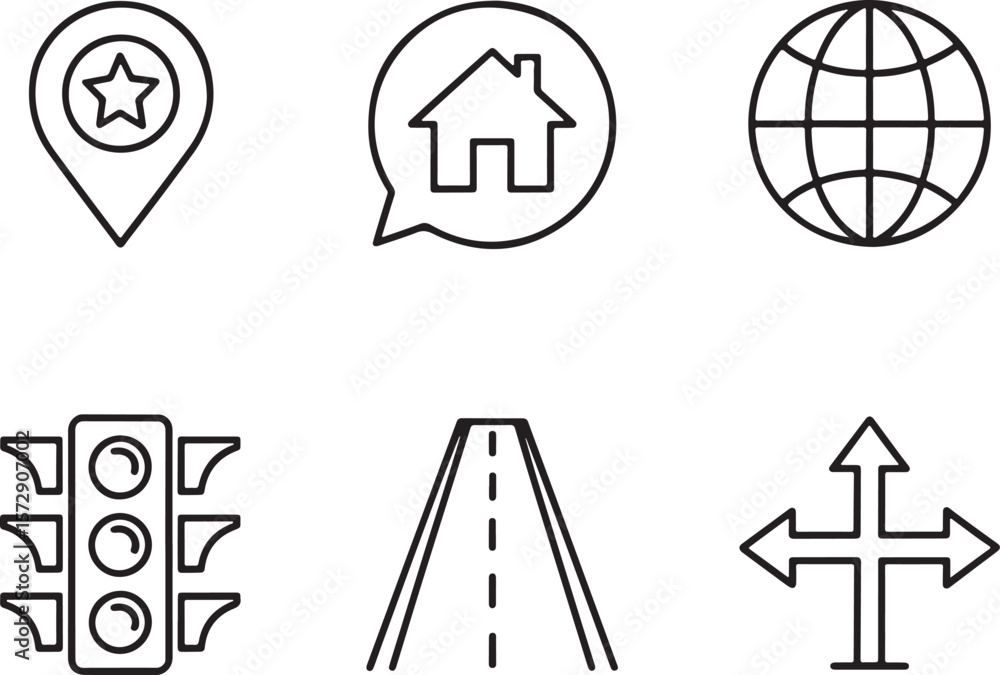 Poster essential navigation icons representing locations destinations routes and traffic management a symbo