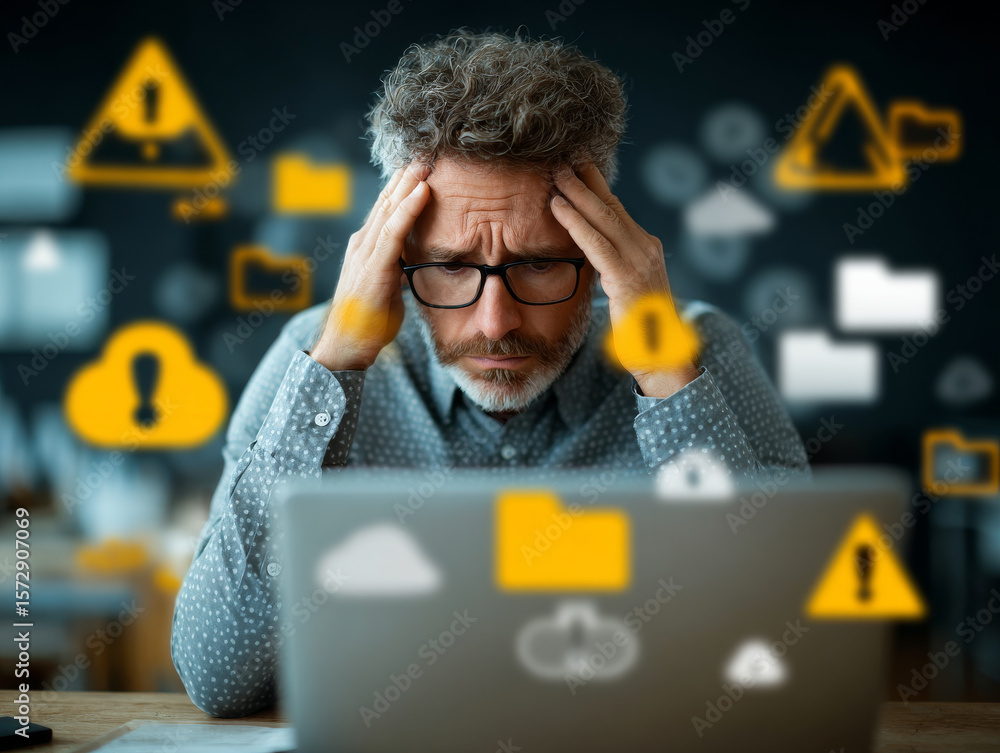 Aufkleber worried business user looks at laptop with digital warning icons floating around, indicating data is