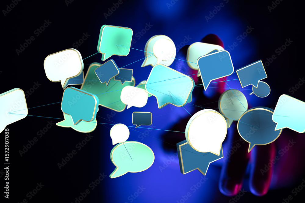 Poster abstract image of interconnected speech bubbles, symbolizing global communication and networking.