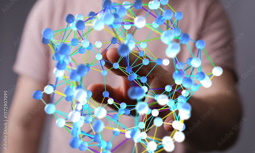 Poster hand interacting with a 3d digital network. abstract technology concept.