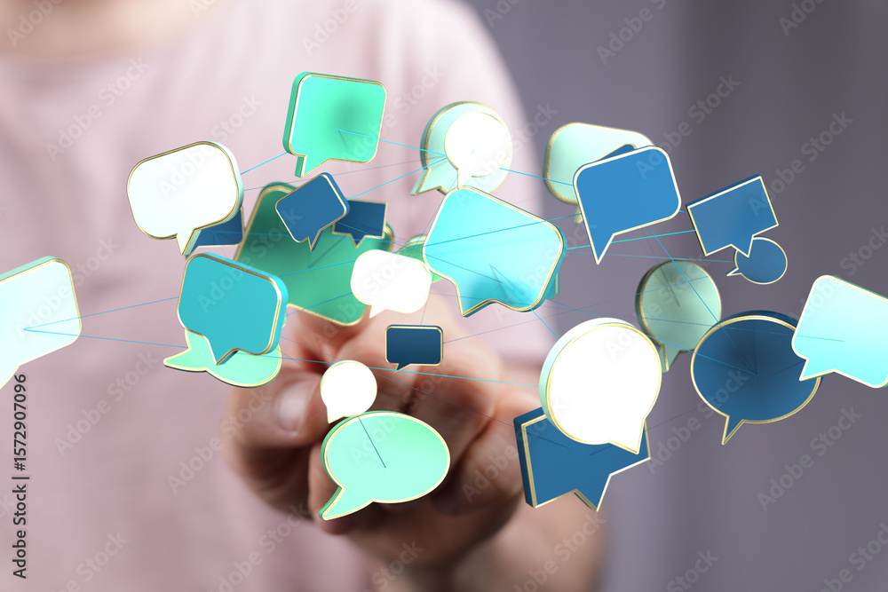 Poster abstract image of interconnected speech bubbles, symbolizing global communication and networking.