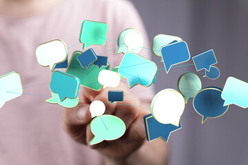 Abstract image of interconnected speech bubbles, symbolizing global communication and networking.