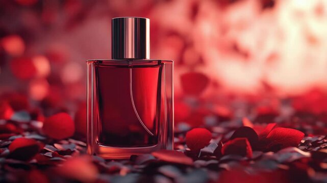 Fragrant perfume bottle with red rose petals as a decorative background, evoking romance and luxury.