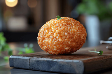 Traditional Sicilian Arancino with Meat Filling on Rustic Wooden Board – Authentic Italian Street Food