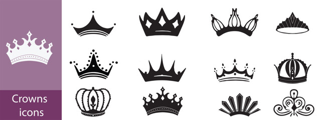 Crown icon set. Crowns logo set silhouette vector illustration