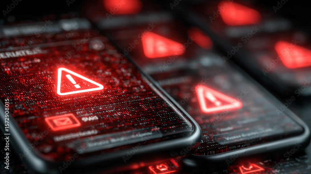 Aufkleber smartphones display warning symbols indicating potential security threats, with red alerts and digit