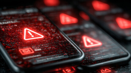 Obraz premium Smartphones display warning symbols indicating potential security threats, with red alerts and digital interference effects. image conveys sense of urgency and caution regarding digital security