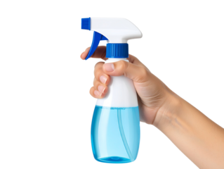  Female Hand Holding Blue Liquid Spray Bottle with Floating Bubbles