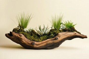 Driftwood planter with succulents and moss.