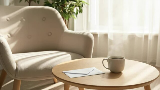 Cozy living room with sunlight, beige chair, coffee cup, envelope on table