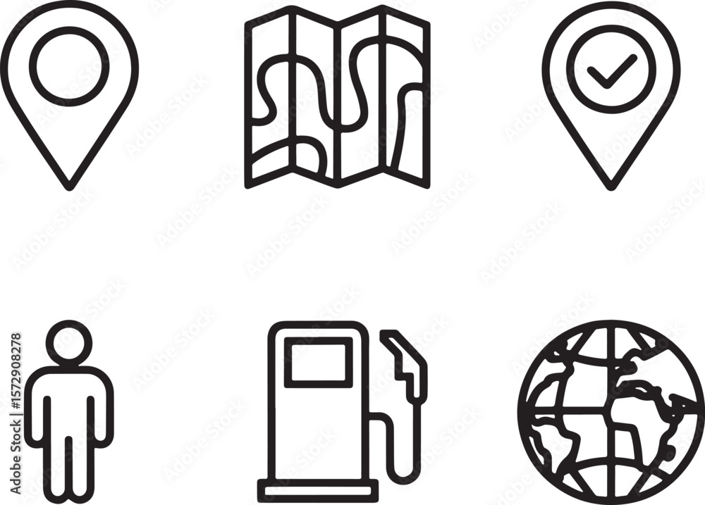 Poster navigation and travel icons exploring the world represented in simple black and white outlines for m