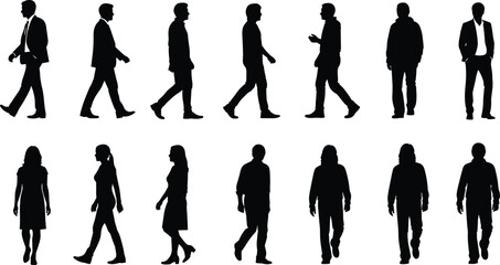 Silhouettes of Diverse People Walking and Standing, Including Businessmen and Casual Individuals, for Architectural and Urban Design Projects, Isolated on White Background, Full Length