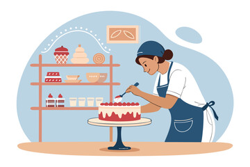 A young baker skillfully decorates a cake on a rotating stand, showcasing their baking talent and passion.