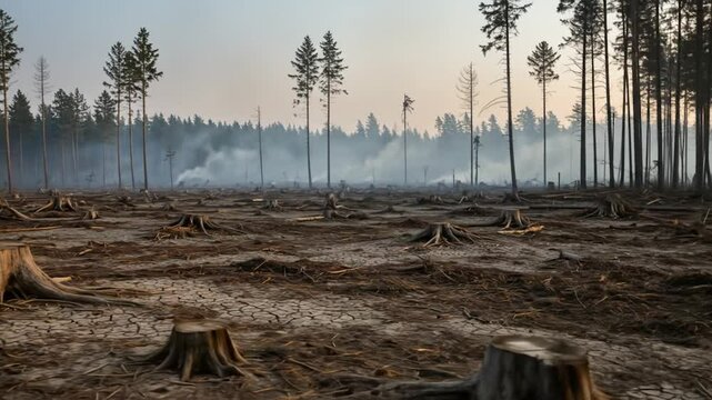 Deforested area with tree stumps on dry cracked land aftermath of logging environment