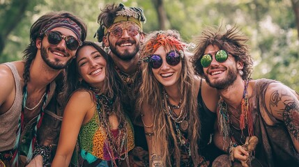 A group of friends wearing bohemian festival outfits, posing with smiles and good vibes.