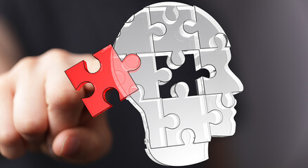 Abstract image depicting a human head as a jigsaw puzzle, with one piece being added. Represents...