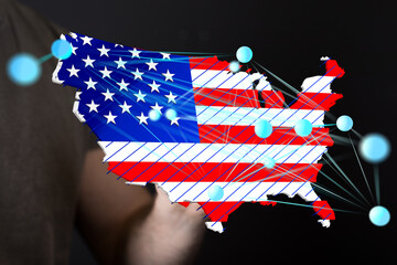 Network map overlayed on a US map.  Ideal for technology, connectivity, and business concepts.