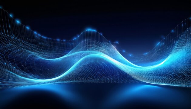 abstract glowing blue digital mesh wave with dots and lines forming a futuristic network on a dark background symbolizing creative data technology ai generative
