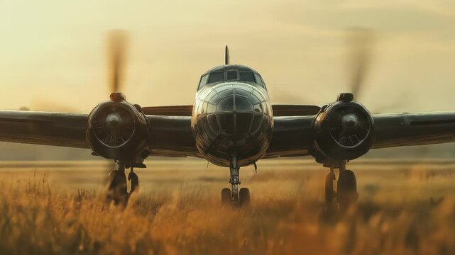 Twin engine aircraft plane rests on grassy runway, propellers whirring fast, bathed in golden hour light