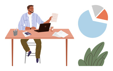 Man working at desk with laptop and documents in hand, analyzing financial data or reports. Pie chart shows progress. Ideal for business, finance, research, planning, productivity, analysis