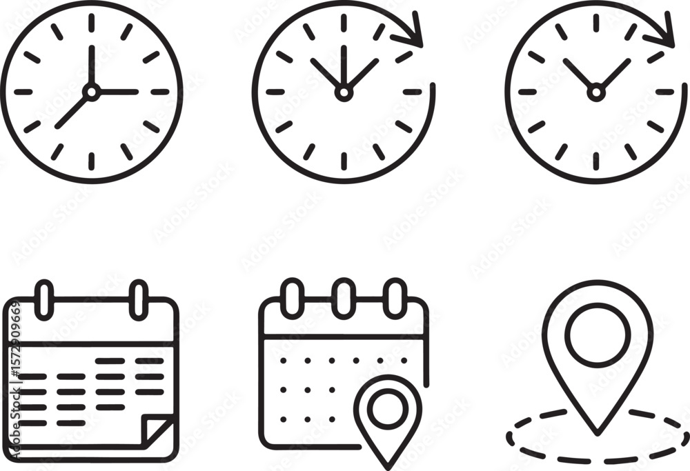 Poster clock calendar and location icon set illustrating time management scheduling and navigation with mod