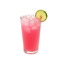 pink drink in a glass garnished with a slice of lime
