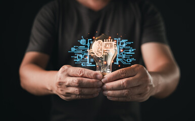 person hold glowing light bulb with holographic AI brain and circuit icons, symbolizing artificial intelligence, innovation, smart technology, creative thinking, and futuristic digital transformation.