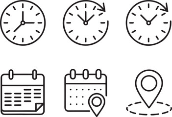 Clock Calendar and Location Icon Set Illustrating Time Management Scheduling and Navigation with Modern Simple Line Art Symbols for Business and Personal Organization