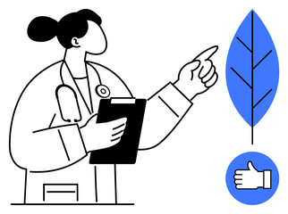 Female doctor holding a clipboard, pointing at a leaf, with thumbs-up icon. Ideal for healthcare, sustainability, wellness, environmental health, medical approval, education and simple landing page