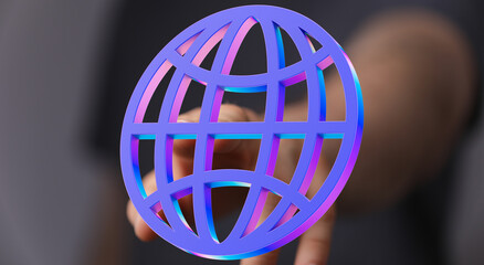 Abstract image of a hand holding a vibrant 3D global network icon. Represents connection, internet,...