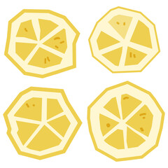 Lemon Slices Flat Illustration Set. Four stylized lemon slices in a flat cartoon style, top view. Yellow and cream colors, geometric shapes, isolated on white background.