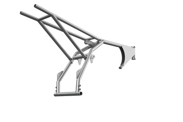 Bare Metal Motorcycle Frame Chassis for Custom Dirt Bike Motocross Supermoto Trail Build Engineering Technical Repair Isolated on White Background Ideal for Vehicle Assembly and Performance Design