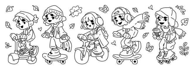 Five cheerful kids riding scooters, bikes, and skates in cozy fall outfits. Black and white outline drawing for coloring pages and kids activities.