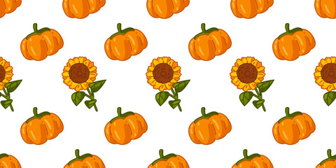 Pumpkin and Sunflower Seamless Pattern. Seamless pattern with orange pumpkins and bright sunflowers, perfect for fall harvest themes. Flat cartoon style with warm seasonal colors.