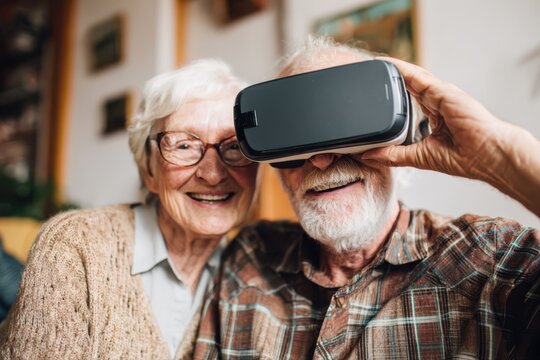 A happy senior couple is using virtual reality technology on a cell phone. The man and woman are smiling as they interact with the device. - Powered by Adobe