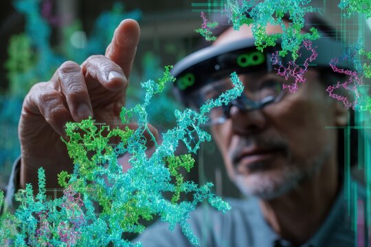 Scientist Interacts with AR Molecular Model in Futuristic Lab Environment.