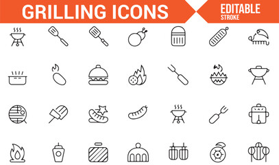 Grilling, BBQ Tools, and Food Preparation Icons for Barbecue and Cooking Events