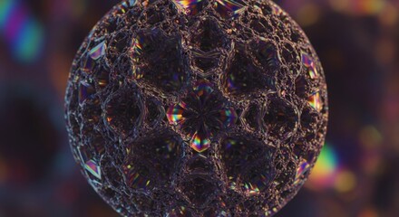 A close up abstract view of a dark cosmic sphere with iridescent light refracting through its surface creating a dazzling, intricate pattern of light and shadow