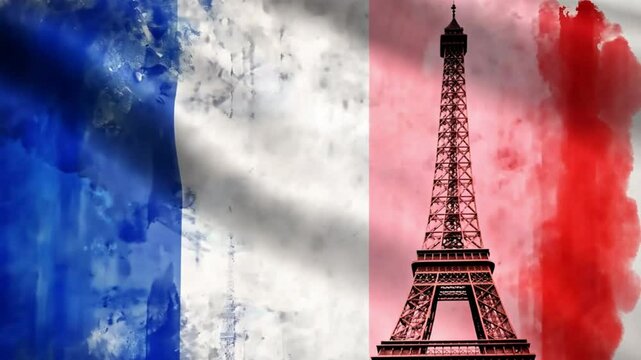 Drapeau tricolore bleu blanc rouge flottant au vent avec effet de mouvement fluide, Tour Eiffel en surimpression rouge, animation visuelle pour c&eacute;l&eacute;bration de la F&ecirc;te nationale fran&ccedil;aise le 14 juillet