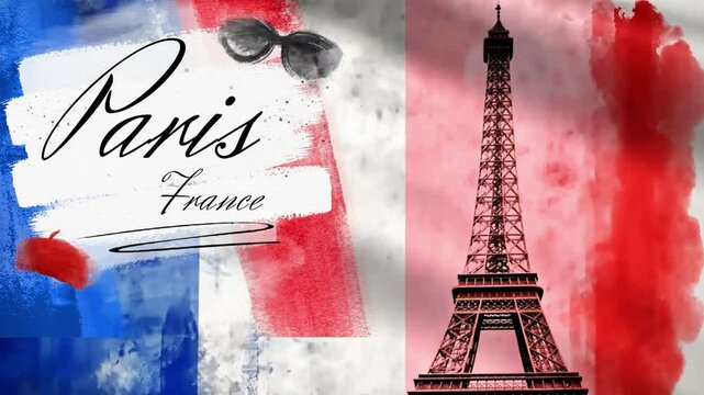 F&ecirc;te nationale fran&ccedil;aise avec la Tour Eiffel sur fond tricolore bleu blanc rouge, texte en fran&ccedil;ais "Paris France &ndash; F&ecirc;te nationale 14 juillet", ambiance festive patriotique et estivale