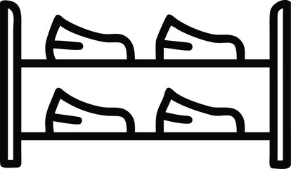 Vector art of a simple line drawing shows a shoe rack with pairs of shoes neatly arranged on two shelves