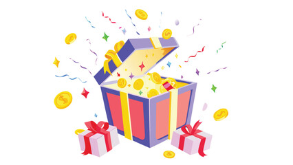 Illustration of an open gift box with coins and confetti, accompanied by two smaller gift boxes nearby