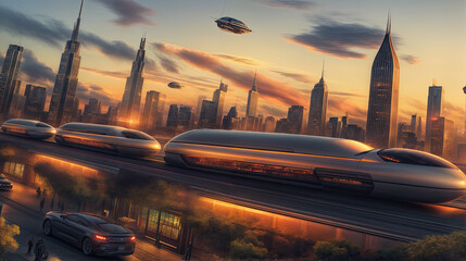 a futuristic cityscape with high-rise buildings, flying cars, and advanced transportation systems, including sleek maglev trains and a futuristic ship in the sky. The sunset casts a warm glow.
