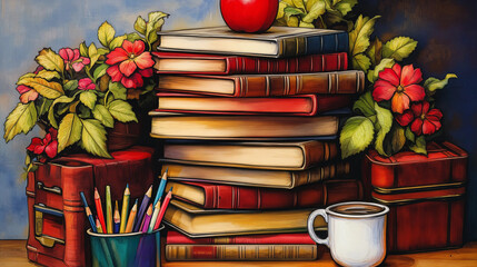 a stack of books adorned with a red apple on top, surrounded by colorful pencils, a mug, and potted plants with vibrant flowers. The scene exudes a cozy, scholarly atmosphere.
