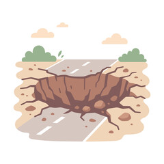 Road collapse with a large sinkhole and cracks in the ground. Natural disaster, damaged infrastructure, or earthquake impact concept in flat cartoon style. Vector illustration isolated on white.