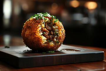 Traditional Sicilian Arancino with Meat Filling on Rustic Wooden Board