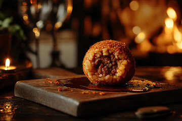 Traditional Sicilian Arancino with Meat Filling on Rustic Wooden Board